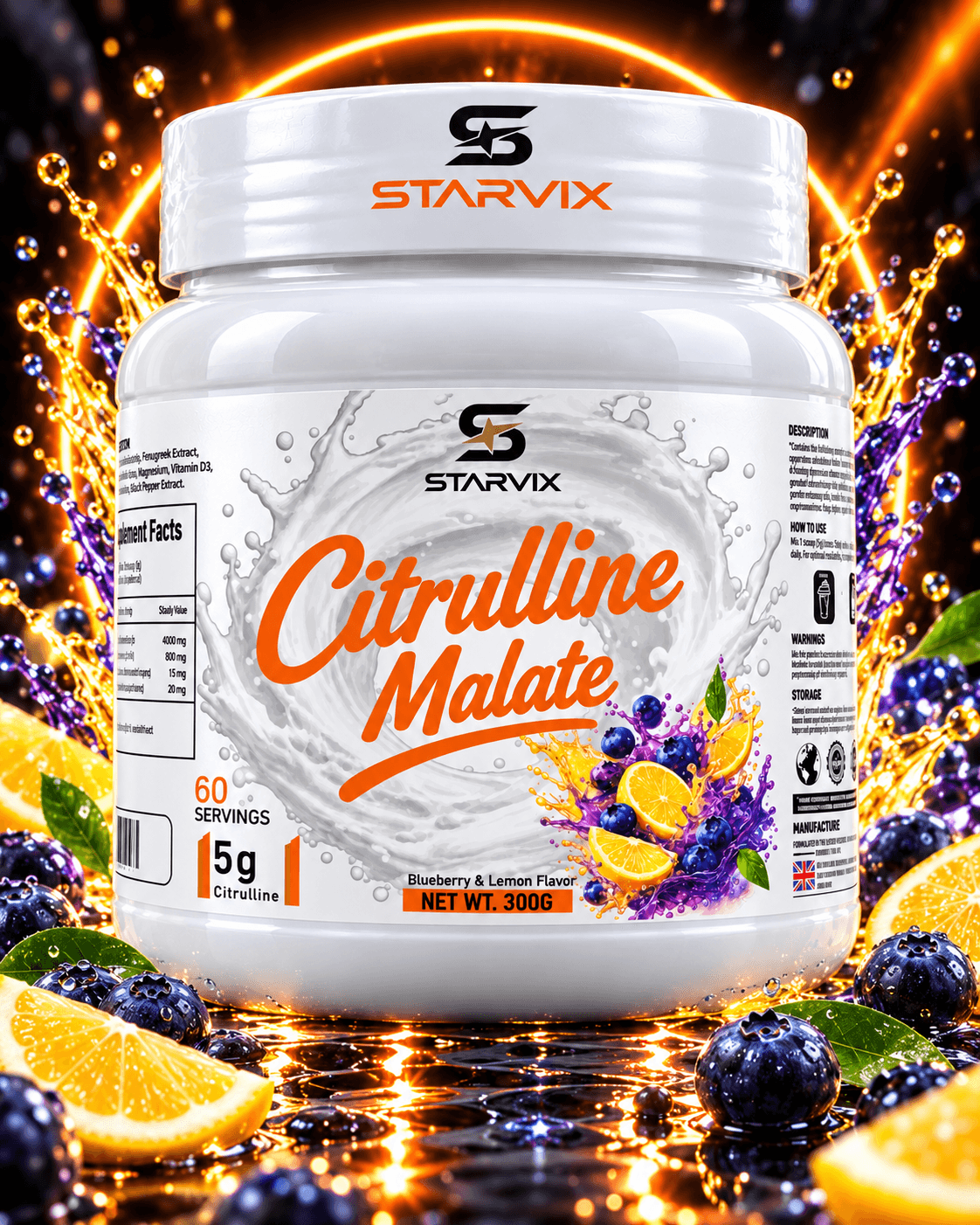 Starvix Citrulline Malate, 300 g, Blueberry & Lemon